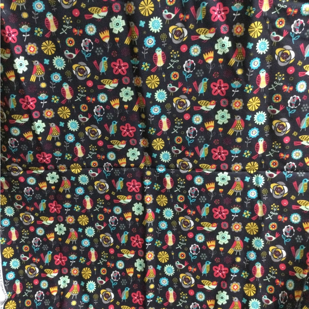 Black Floral & Bird Print Fabric